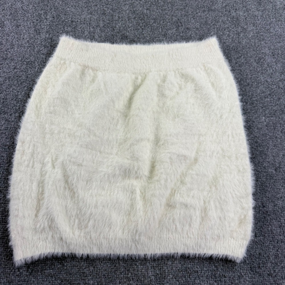 MESHKI Mini Skirt L White Fuzzy Eyelash Knit Soft Stretch Womens
